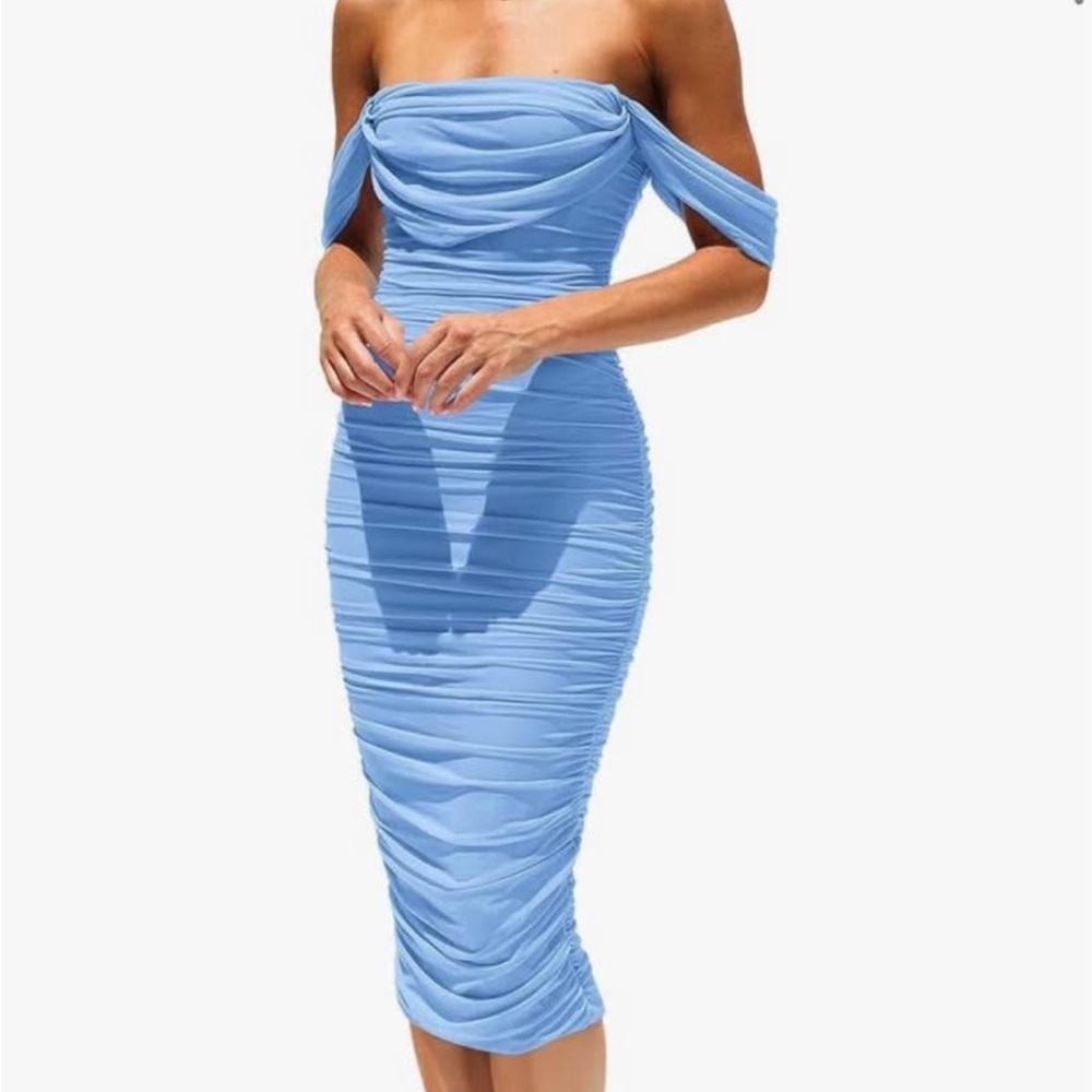 y Blue Ruched Midi Dress Size Large | Wedding Guest | PrettyGarden | NWT